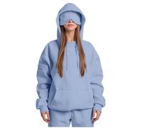 Women Hooded Sweatshirt with Built-in Eye Mask Trendy Travel Hoodie with Hidden Pocket Ladies Autumn Fashion Solid Color Sweatshirts Casual Soft Comfy Pullover for Flying Vacation