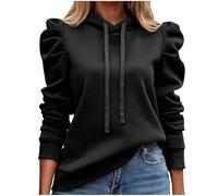 Women Hoodies Trendy Leg of Mutton Sleeve Hooded Pullover Sweatshirt with Micro Fleece Lining Fall Casual Loose-Fit Ruched Long Sleeve Sweat Top Streetwear Going Out Sweater Hoody Black