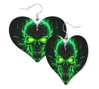Women Hook Earrings Leather Heart Shaped Earrings Love Dangle Earring Face Red Green Flame Skull Double-Sided Print Charm Accessories For Women Girls Or Lover