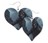 Women Hook Earrings Leather Heart Shaped Earrings Love Dangle Earring Grim Reaper Is Watching You Double-Sided Print Jewellery Gift For Women Girls Or Lover