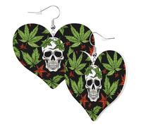 Women Hook Earrings Leather Heart Shaped Earrings Love Dangle Earring Marijuana Red Leaf Skull Double-Sided Print Jewellery Gift For Women Girls Or Lover