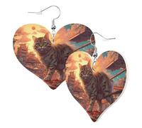 Women Hook Earrings Leather Heart Shaped Earrings Love Dangle Earring Morning Sun Cat Double-Sided Print Charm Accessories For Women Girls Or Lover