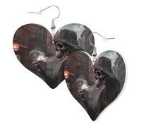 Women Hook Earrings Leather Heart Shaped Earrings Love Dangle Earring Skull Looking At Smoke Double-Sided Print Jewellery Gift For Women Girls Or Lover
