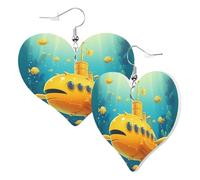Women Hook Earrings Leather Heart Shaped Earrings Love Dangle Earring Yellow Submarine And Fish Double-Sided Print Jewellery Gift For Women Girls Or Lover
