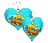 Women Hook Earrings Leather Heart Shaped Earrings Love Dangle Earring Yellow Submarine Double-Sided Print Jewellery Gift For Women Girls Or Lover