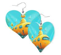 Women Hook Earrings Leather Heart Shaped Earrings Love Dangle Earring Yellow Submarine Double-Sided Print Jewellery Gift For Women Girls Or Lover