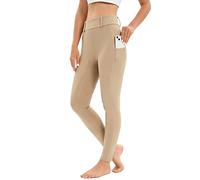 Women Horse Riding Leggings Full Seat Silicone Ladies Riding Tights Equestrian Breeches with Phone Pockets Khaki L