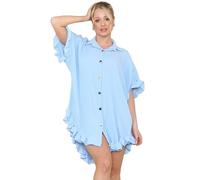 Women Italian Gold Button Tiktok Dress Top Short Sleeves Collared Pleated Swing Mini Casual Loose Frill Hem Top-One Size (UK, Alpha, One Size, Regular, Regular, Sky Blue)