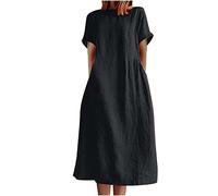 Women Italian Linen Dresses Sale Clearance Casual Maxi Dress Sundress Solid Short Sleeve Summer Dresses Crew Neck Smock Dresses Baggy Dresses Loose Fitting Dress Relaxed Fit Lightweight Holiday Beach