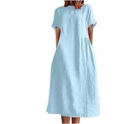 Women Italian Linen Dresses Sale Clearance Casual Maxi Dress Sundress Solid Short Sleeve Summer Dresses Crew Neck Smock Dresses Baggy Dresses Loose Fitting Dress Relaxed Fit Lightweight Holiday Beach