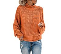 Women J umper Turtle Neck Tops for Ladies Sweater Ladies Womens Turtle Neck Plain Long Sleeve J umper Top Womens Chunky Baggy J umper Knitted Sweater Thick Top Solid Color Basic Knitted J (Orange, M)