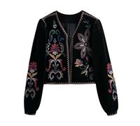 Women Jacket Embroidery Coat Long Sleeve Outerwear O-Neck Vintage Open Stitch Casual Velvet Waist Coat，Women Fashion Embroidery Velvet Crop Open Blazer Coat Vintage Long Sleeve Female Outerwear