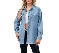 Women Jacket Women's Oversized Denim Jacket Button Down Casual Long Frayed Hem Shacket Coats Sleeve Boyfriend Jean Jackets Washed Shirt Womens Front Shirts Spring Fall Coat