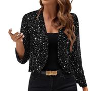 Women Jackets Casual Long Sleeve Open Front Sparkly Sequin Party Gathering Cardigan Jacket Sparkly Crop Coat (Black, XXL)
