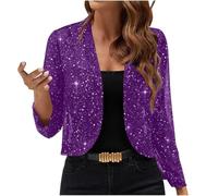 Women Jackets Casual Long Sleeve Open Front Sparkly Sequin Party Gathering Cardigan Jacket Sparkly Crop Coat (Purple, M)