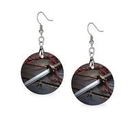 Women Japan Samurai Sword Wooden Earrings Lightweight Dangle Earrings Geometric Drop Earring Vintage Round Retro Daily Wear Jewelry Gift for Wedding Party Graduation