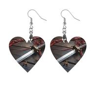 Women Japan Samurai Sword Wooden Earrings Lightweight Dangle Earrings Geometric Drop Earring Vintage Heart-Shaped Retro Daily Wear Jewelry Gift for Wedding Party Graduation