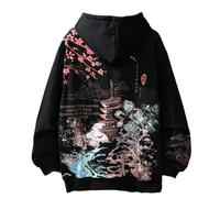 Women Japanese Style Harajuku Hoodie, Unisex Fall Winter Fleece Sakura Temple Long Sleeve Hooded Sweatshirt, Men Korean Y2K Pullover Tops (Black,XL)