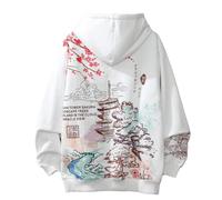 Women Japanese Style Harajuku Hoodie, Unisex Fall Winter Fleece Sakura Temple Long Sleeve Hooded Sweatshirt, Men Korean Y2K Pullover Tops (White,L)