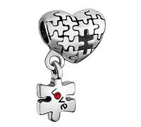 Women Jewellery Autism Awareness Jigsaw Puzzle Love Heart Dangle Charm Compatible with Pandora Bracelets Red CZ Support