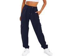 Women Jogging Trousers Elasticated High Waist Cuffed Trousers Solid Color Drawstring Joggers Straight Wide Leg Tracksuit Lightweight Breathable Sweatpants with Multiple Pockets Workout Gym Yoga Navy