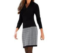 Women Jumper Dress Fashion Houndstooth Long Sleeve Causal Dress Solid Color V Neck Stitching Ladies Business Dress Work Clothes for Women UK Black