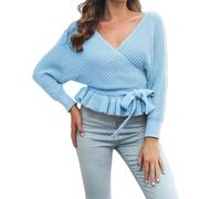Women Jumpers And Sweaters, Women's 2024 Fall Knitted Wrap Pullover Top with V Neck Batwing Sleeves Waist Belt and Ruffle Detail