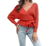 Women Jumpers And Sweaters, Women's 2024 Fall Knitted Wrap Pullover Top with V Neck Batwing Sleeves Waist Belt and Ruffle Detail