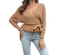 Women Jumpers And Sweaters, Women's 2024 Fall Knitted Wrap Pullover Top with V Neck Batwing Sleeves Waist Belt and Ruffle Detail