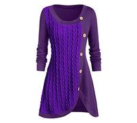 Women Jumpers TUDUZ Ladies Plus Size Solid Pachwork Asymmetric Hem Knitwear Sweater Botton O-Neck Long Sleeve Pullover Tops (C Purple,3XL)