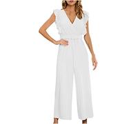 Women Jumpsuit Sexy V Neck Romper Ruffle Sleeve Playsuit Solid Color Trousers Pants Belted Waist Jumpsuits Dungarees One Piece Bodysuit Ladies Office Elegant Overall for Work Party Club Wedding