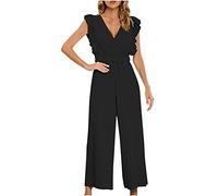 Women Jumpsuit Sexy V Neck Romper Ruffle Sleeve Playsuit Solid Color Trousers Pants Belted Waist Jumpsuits Dungarees One Piece Bodysuit Ladies Office Elegant Overall for Work Party Club Wedding