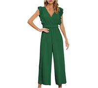 Women Jumpsuit Sexy V Neck Romper Ruffle Sleeve Playsuit Solid Color Trousers Pants Belted Waist Jumpsuits Dungarees One Piece Bodysuit Ladies Office Elegant Overall for Work Party Club Wedding