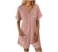 Women Jumpsuit Summer Short Sleeve Overalls Boho Lounge Rompers 2025 Plus Size Dungarees One Piece Casual Beach Vacation Short Playsuits with Pockets