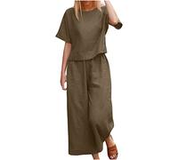 Women Jumpsuits for Summer UK Ladies Two Piece Trouser-Suit Classic Crew Neck with Solid Printed Wide Leg Straight Leg Fit Elastic Casual Outfit Elegant Ruffle Sleeves Tunic Tops with Loose Fit Leg
