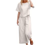 Women Jumpsuits for Summer UK Ladies Two Piece Trouser-Suit Classic Crew Neck with Solid Printed Wide Leg Straight Leg Fit Elastic Casual Outfit Elegant Ruffle Sleeves Tunic Tops with Loose Fit Leg