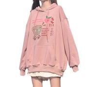 Women Kawaii Bunny Ear Hoodie Cute Japanese Mori Lolita Harajuku Aesthetic Sweatshirt Anime Bear Cartoon Preppy Tops Clothes, Pink, Medium