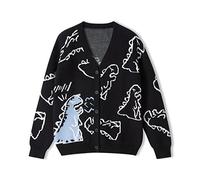 Women Kawaii Cartoon Dinasour Print Sweater Y2K Long Sleeve Color Block Patchwork E Girl Knitted Pullover Casual Jumpers (Black#2, S)