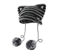 Women Kawaii Cat Ear Beanie Hat with Pom Poms Cute Slouchy Crochet Stripes Knitted Skull Caps Winter Warm Y2K Beanies, Black Grey, 7-7 1/8