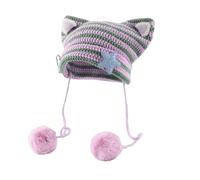 Women Kawaii Cat Ear Beanie Hat with Star Pom Poms Y2K Cute Crochet Goth Grunge Emo Alt Accessories Knit Slouchy Hat, Purple Green, 7-7 1/8