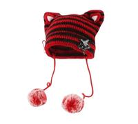 Women Kawaii Cat Ear Beanie Hat with Star Pom Poms Y2K Cute Crochet Goth Grunge Emo Alt Accessories Knit Slouchy Hat, Red Black, 7-7 1/8