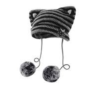Women Kawaii Cat Ear Beanie Hat with Star Pom Poms Y2K Cute Crochet Goth Grunge Emo Alt Accessories Knit Slouchy Hat, Black Grey, 7-7 1/8