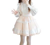 Women Kawaii Lolita Tiered Skirt with Suspenders Teens Japanese Cute Lace Ruffle Flared Mini Goth Princess Skirts, Pink White, M