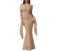 Women Khaki Lace Off-Shoulder Mermaid Maxi Dress, Long Bell Sleeve Elegant Formal Gown for Wedding Party Evening Events