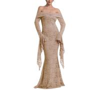 Women Khaki Lace Off-Shoulder Mermaid Maxi Wedding Dress, Long Bell Sleeve Elegant Formal Gown for Wedding Party Evening Events Dress