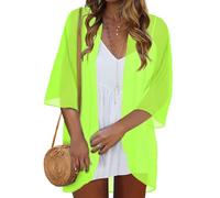 Women Kimono Cardigans Casual Summer Tops Cover up Open Front Floral Print Resort Wear, A-soild Neon Green, Medium