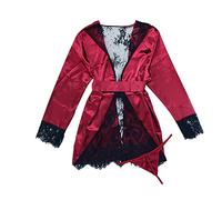 Women Kimono Robes Satin Dressing Gown Women Lingerie V Neck Nightwear Satin Sleepwear Lace Sexy Patchwork Lace Backless See Through Nightdress Lace Sil Nightgown Morning Robe Bathrobe (Red, M)