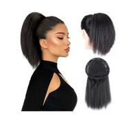 Women Kinky Straight Ponytail Hairpiece 10" Afro Puff Yaki Straight Drawstring Ponytail Extension Synthetic Short Hair False Ponytail for Women Daily use(Natural Black)