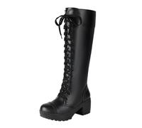 Women Knee High Boots Block Mid Heel with Platform Fashion Driving Shoes | Round Toe faux leather upper Women's Ankle Booties Lace Up Slip On Mid Calf Boots Casual for Autumn Winter