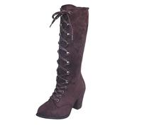 Women Knee High Boots High Heels Mid Calf Military Combat Biker Boot Ladies Lace Up Long Boots Casual Daytime Spring Winter Elegant Shoes